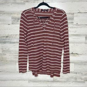 Doe & Rae Loose Knit Lace Up Lightweight Sweater
